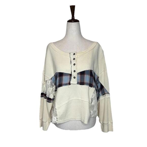 Free People We The Free Womens L Nina Tee Plaid Crochet Lace Thermal Henley Top - Picture 2 of 7